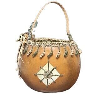 Gourd basket Woven Handle Beaded VTG signed & dated